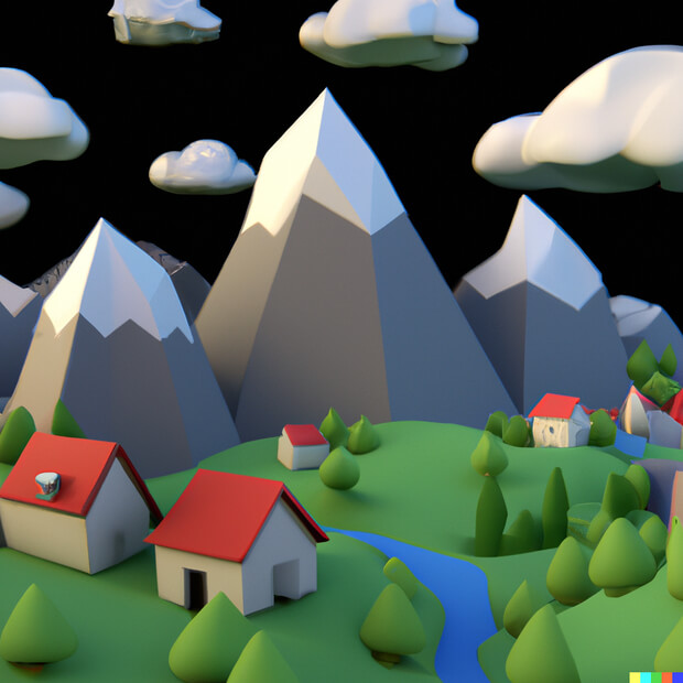 a small village in the mountains rendered as a low poly model - version 1